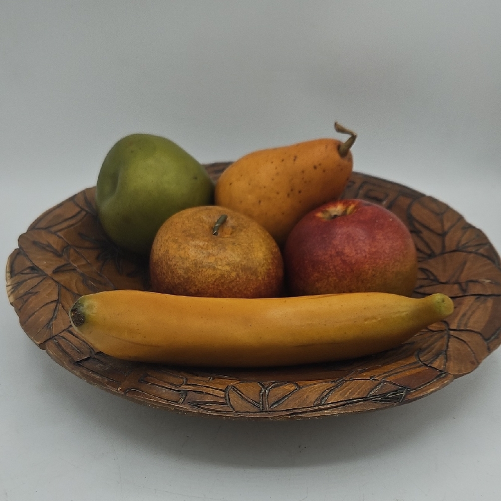 Asian Carved Wooden Fruit Bowl with Decorative Edge - Faux Fruit